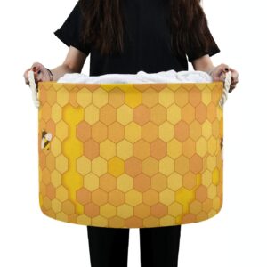 large round storage basket - honey bee yellow canvas laundry hamper toy storage bin for kid’s living room