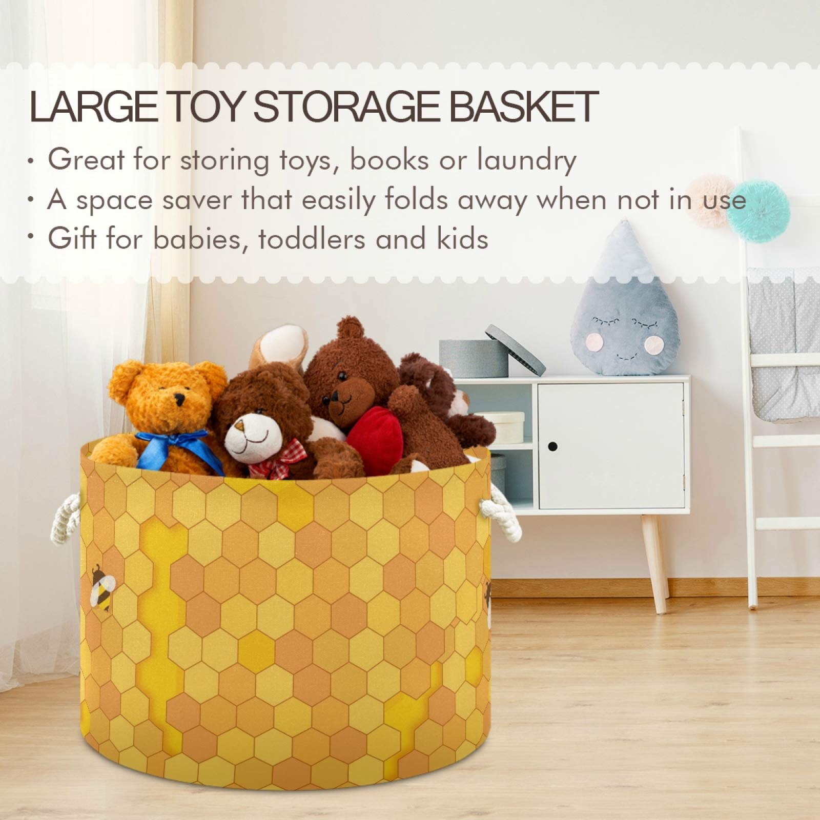 Large Round Storage Basket - Honey Bee Yellow Canvas Laundry Hamper Toy Storage Bin for Kid’s Living Room