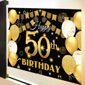 Saliyaa 7x5ft Happy 50th Birthday Backdrop,Happy Birthday Party Decoration, Black Gold Birthday Sign Poster Photo Booth Backdrop Background Banner for Men Women 50th Bday Anniversary Party Supplies