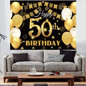 Saliyaa 7x5ft Happy 50th Birthday Backdrop,Happy Birthday Party Decoration, Black Gold Birthday Sign Poster Photo Booth Backdrop Background Banner for Men Women 50th Bday Anniversary Party Supplies