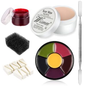 wismee special effects sfx makeup kit professional scar wax set 6 color bruise wheel makeup kit face body paint oil with sponges, fake scab blood, spatula tool