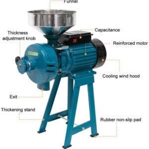 Grain Mills, Upgraded 3000W Wet Dry Cereals Grinder Electric Grain Grinder Corn Mill Heavy Duty 110V Commercial Grain Grinder Machine Rice Corn Grain Coffee Wheat Feed Mill Flour Mill with Funnel