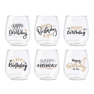 tossware pop 14oz vino golden birthday series, set of 6, premium quality, recyclable, unbreakable & crystal clear plastic printed glasses