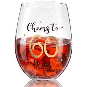 birthday stemless wine glass, gold birthday wine glass present for men women birthday party wedding anniversary decorations, 17 oz stemless (cheers to 60 years)