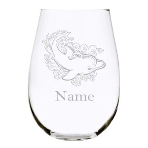 dolphin with name 17 oz. stemless wine glass
