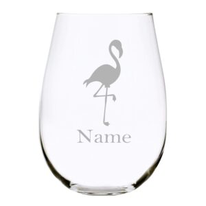 flamingo with name 17 oz. stemless wine glass