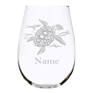 sea turtle with name 17 oz. stemless wine glass