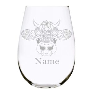 cow with name 17 oz. stemless wine glass