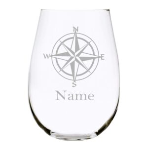 Nautical compass with name 17 oz. stemless wine glass