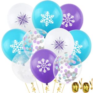 50pcs snowflake balloon with purple blue white latex balloons, frozen snowflake birthday party supplies 12 inch winter theme balloon for frozen baby shower winter wonderland new year party decorations