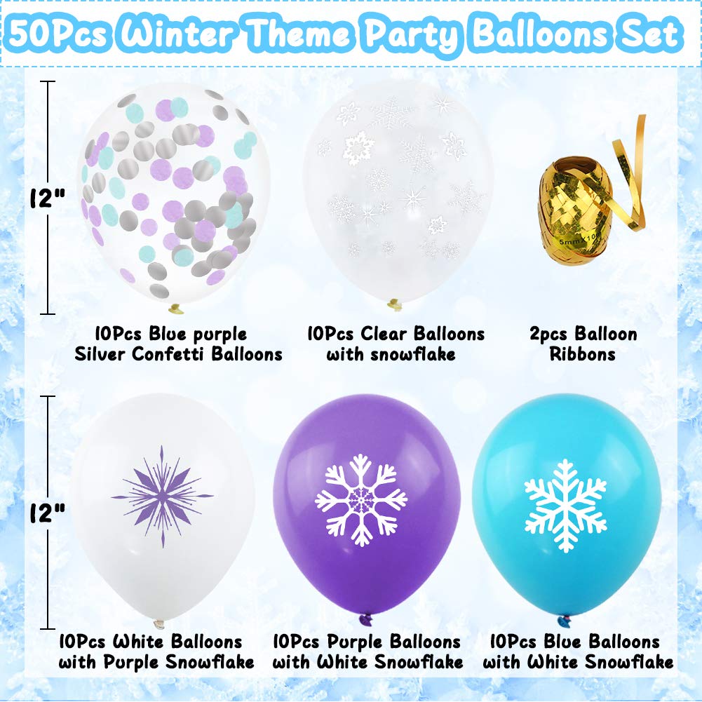 50Pcs Snowflake Balloon with Purple Blue White Latex Balloons, Frozen Snowflake Birthday Party Supplies 12 Inch Winter Theme Balloon for Frozen Baby Shower Winter Wonderland New Year Party Decorations