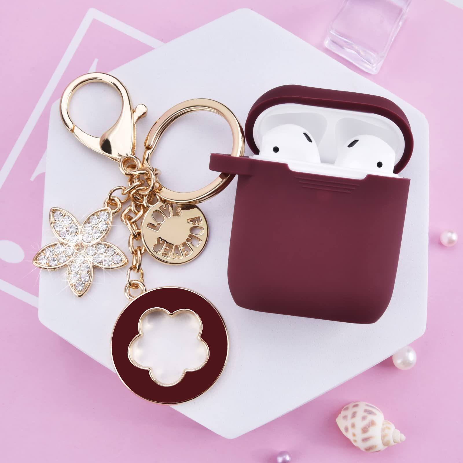 Bling AirPods 2nd Generation Case, VISOOM Cute Airpod Case 1st Generation with Keychain for Apple Airpod Case Cute Glitter Air Pod Case iPod Case Cover Women/Girls Silicone AirPods 2 Case(Burgundy)