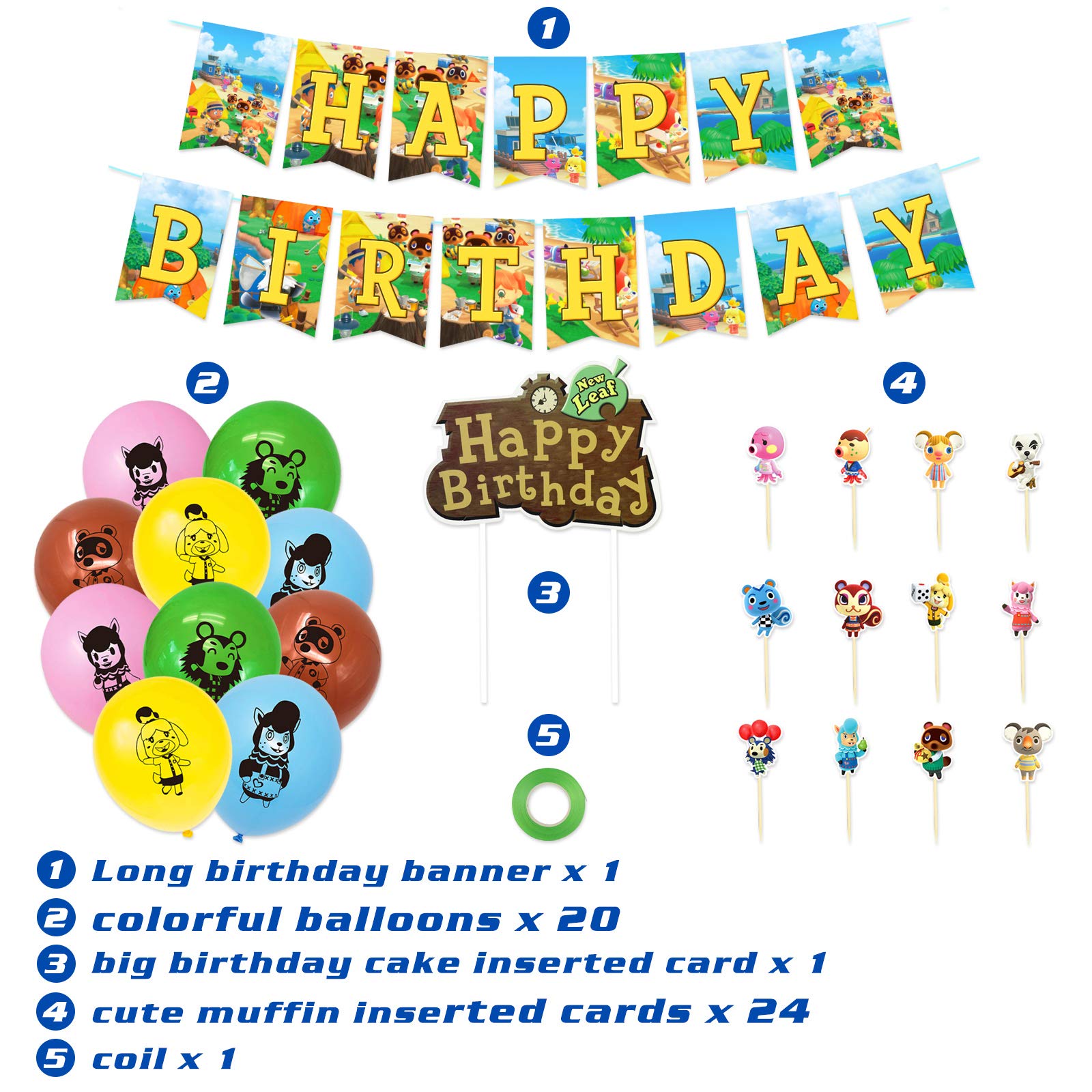 Birthday Party Supplies 46PCS Video Forest Game Theme Party Decorations Including 20PCS Latex Balloons, 1PC Happy Birthday Banner, 24PCS Cupcake Toppers for Children