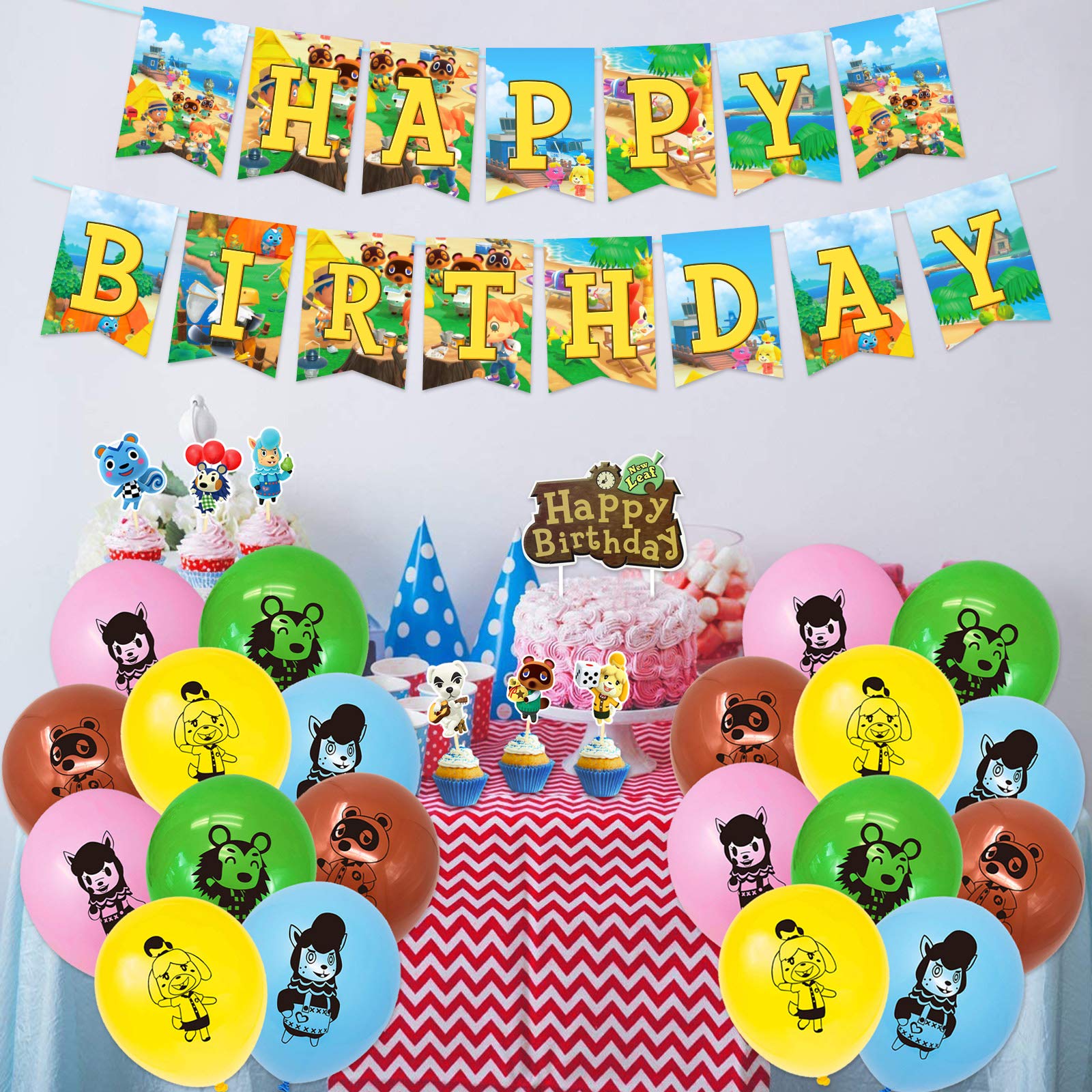 Birthday Party Supplies 46PCS Video Forest Game Theme Party Decorations Including 20PCS Latex Balloons, 1PC Happy Birthday Banner, 24PCS Cupcake Toppers for Children