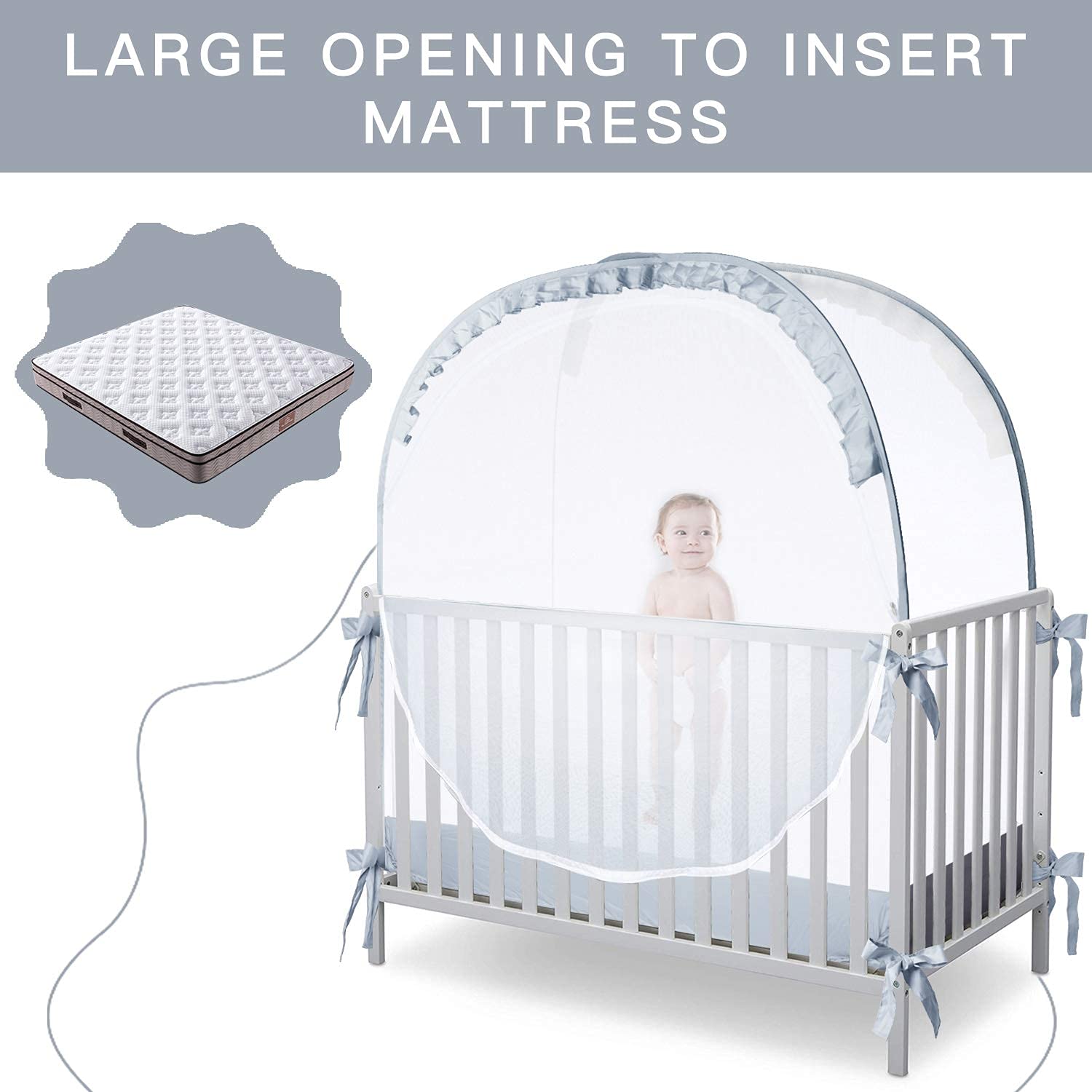 L RUNNZER Baby Crib Tent Crib Net to Keep Baby in, Pop Up Crib Tent Canopy Keep Baby from Climbing Out