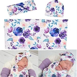 Newborn Baby Swaddle Blankets Beanie Hat Headband Sets,Swaddle Sack,Receiving Blankets Infant Baby Gifts (Purple Flower,0-3 Months),24569