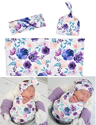 Newborn Baby Swaddle Blankets Beanie Hat Headband Sets,Swaddle Sack,Receiving Blankets Infant Baby Gifts (Purple Flower,0-3 Months),24569