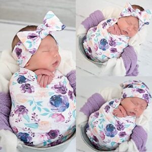 Newborn Baby Swaddle Blankets Beanie Hat Headband Sets,Swaddle Sack,Receiving Blankets Infant Baby Gifts (Purple Flower,0-3 Months),24569