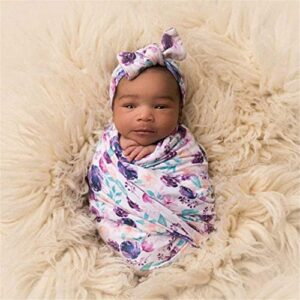 Newborn Baby Swaddle Blankets Beanie Hat Headband Sets,Swaddle Sack,Receiving Blankets Infant Baby Gifts (Purple Flower,0-3 Months),24569