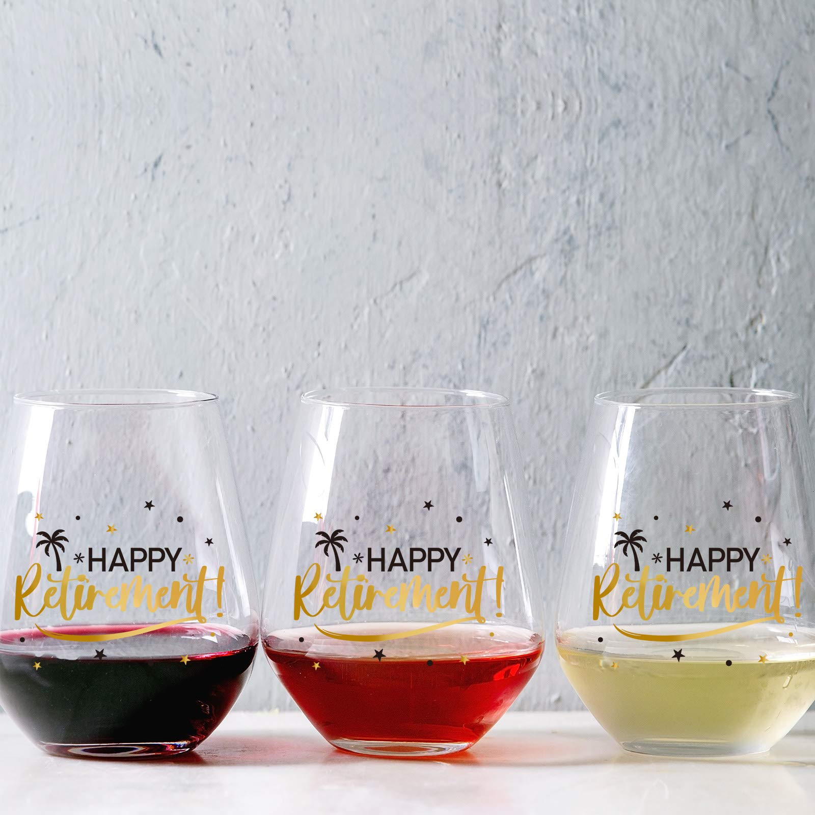 Happy Retirement Stemless Wine Glass, Black and Gold Happy Retirement Crystal Cup Wine Glass Present for Women Man Friend Retirement Party Decorations Favor, 17 oz Stemless