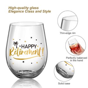 Happy Retirement Stemless Wine Glass, Black and Gold Happy Retirement Crystal Cup Wine Glass Present for Women Man Friend Retirement Party Decorations Favor, 17 oz Stemless