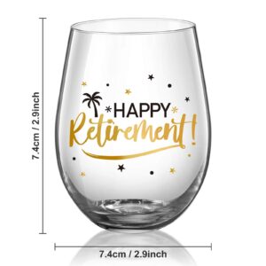 Happy Retirement Stemless Wine Glass, Black and Gold Happy Retirement Crystal Cup Wine Glass Present for Women Man Friend Retirement Party Decorations Favor, 17 oz Stemless