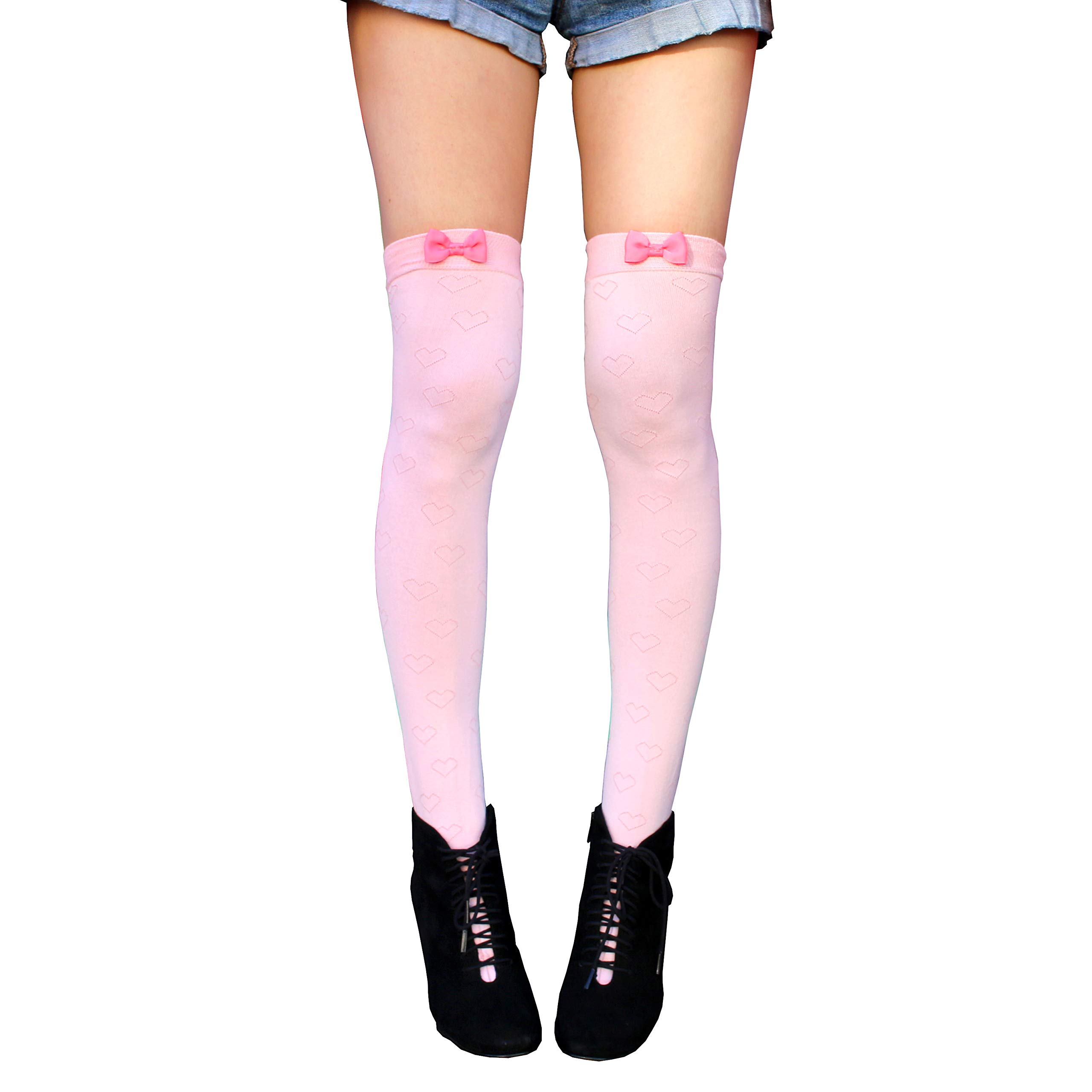 Millennials In Motion Kawaii Thigh High Socks Heart Pink Bow Lolita Fairycore Over The Knee Pastel Leg Warmer Warm Kpop Stockings Long Anime Tights (Pink Bow)