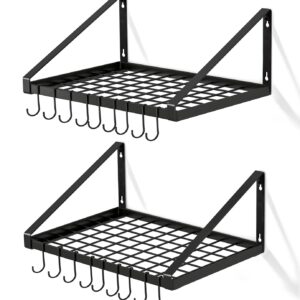OROPY Pot and Pan Hanging Rack Wall Mounted Set of 2, Kitchen Wall Organizer Storage Shelves for Utensils, Cookware with 16 S Hooks