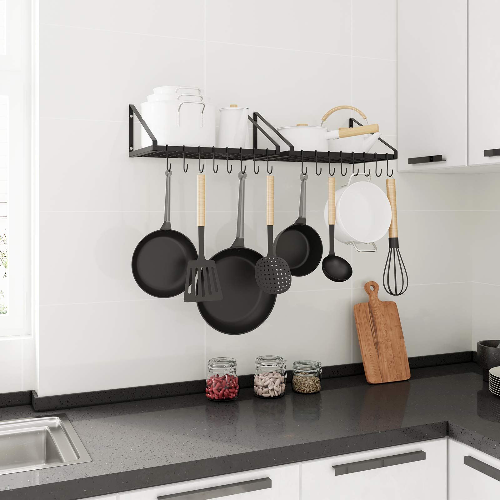 OROPY Pot and Pan Hanging Rack Wall Mounted Set of 2, Kitchen Wall Organizer Storage Shelves for Utensils, Cookware with 16 S Hooks