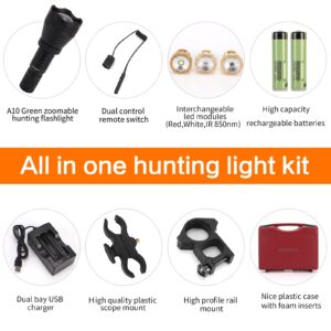 LUMENSHOOTER A10 Ultimate 1000 Lumens Green Hunting Light Flashlight with Rubber Halo Shield, Red White 850nm Infrared IR Torch, Long Range Zoomable Scope Light for Predator, Coyote, Varmint, Hog