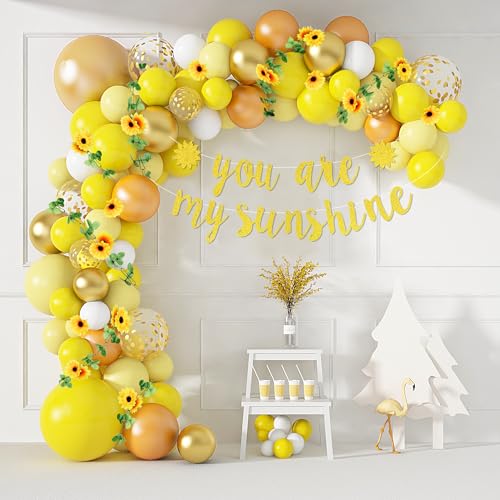 Ouddy Party 101Pcs Sunflower Baby Shower Decorations for Girls Boys Sunflower Balloons Garland Arch Kit Yellow Balloons with You Are My Sunshine Banner Sunflower Vine for Sunflower Party Decorations