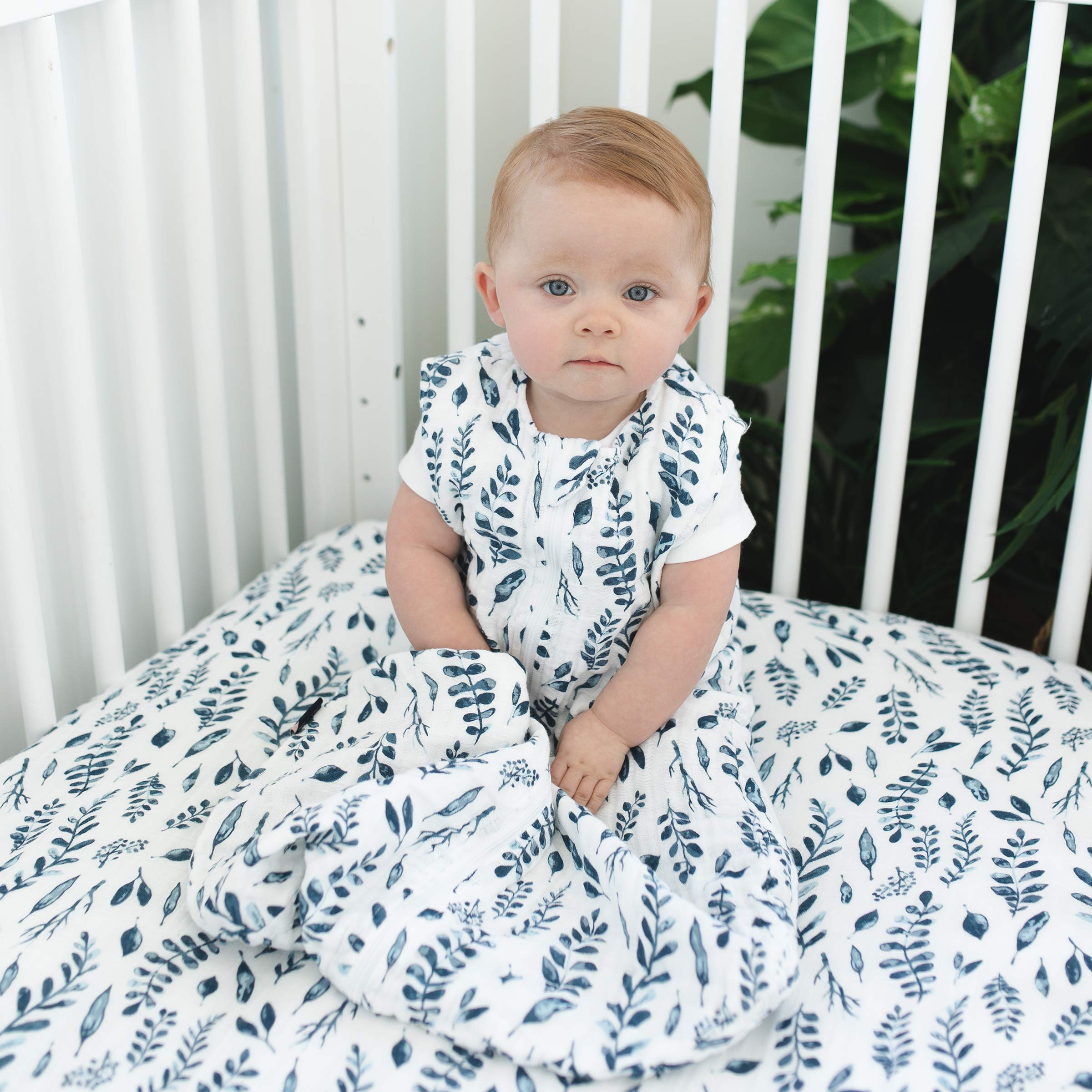 Bebe au Lait Premium Muslin Bedtime Sleeper, 12 - 24 Months - Blue Leaves