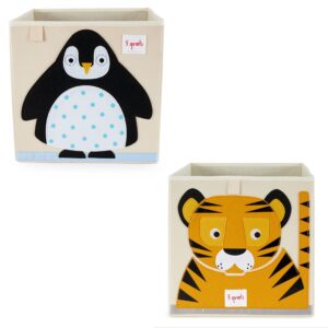 3 sprouts 13 inch square kids foldable fabric arctic penguin and orange tiger storage cube soft toy bins