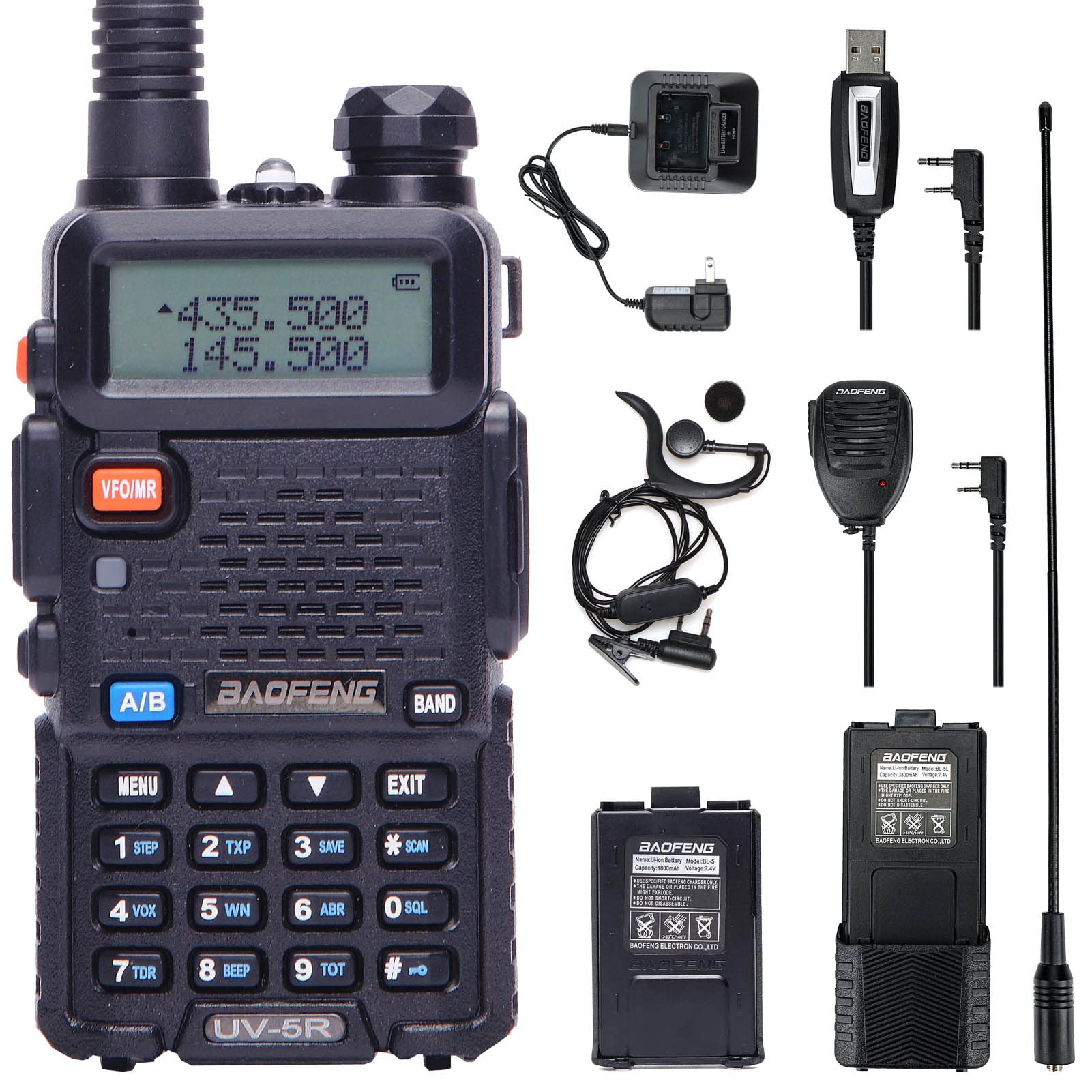 BaoFeng UV-5R 8 Watt High Power VHF UHF Dual Band Two Way Radio Tri-Power 8/4/1W Portable Radio with one More 3800mAh Battery,Speaker, Antenna, USB Program Cable and Earpiece