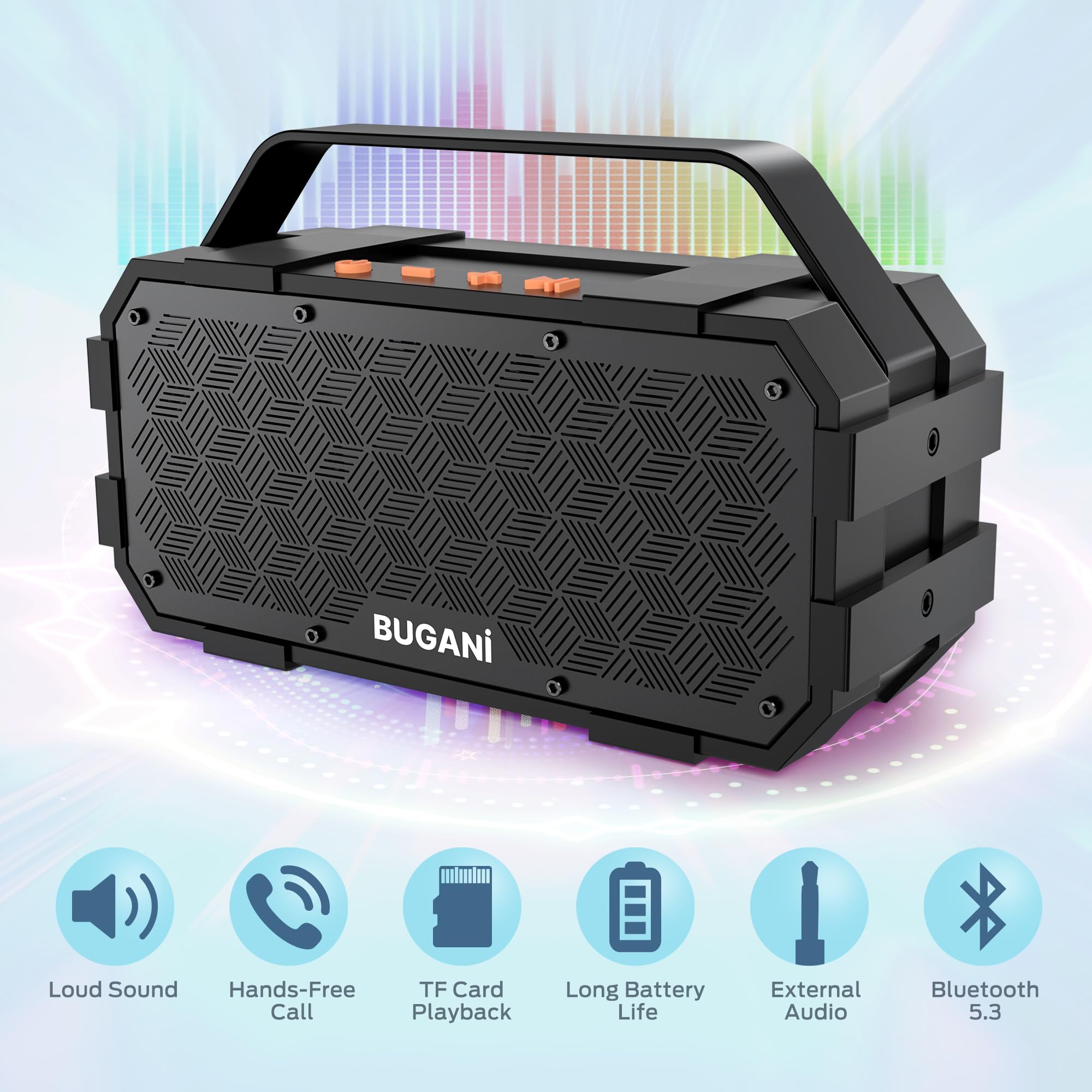 BUGANI Bluetooth Speakers, 40W Deep Bass Portable Loud Bluetooth Speaker, 24H Playtime, IPX6 Waterproof Outdoor Speaker with Handle, TWS Pairing Built-in Mic Supports TF Card, AUX for Home, Outdoor