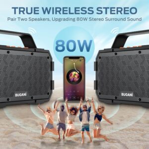 BUGANI Bluetooth Speakers, 40W Deep Bass Portable Loud Bluetooth Speaker, 24H Playtime, IPX6 Waterproof Outdoor Speaker with Handle, TWS Pairing Built-in Mic Supports TF Card, AUX for Home, Outdoor