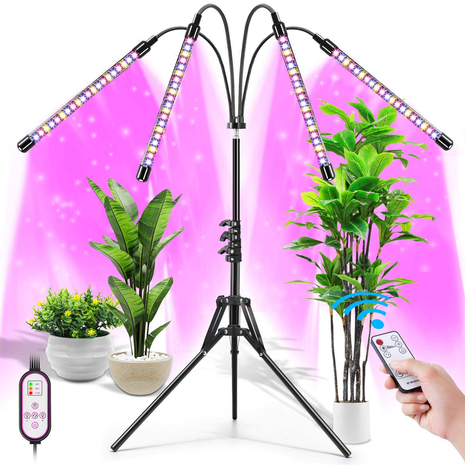 Felibeaco Plant Grow Light with Adjustable Tripod Stand (14"-63"), 4 Head Floor LED Grow Lamp for Indoor Plants with Dual Controllers,100W Full Spectrum Plant Lights with Timer, 10 Brightness