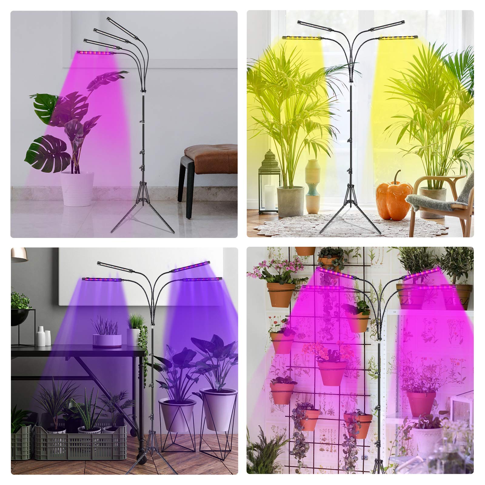 Felibeaco Plant Grow Light with Adjustable Tripod Stand (14"-63"), 4 Head Floor LED Grow Lamp for Indoor Plants with Dual Controllers,100W Full Spectrum Plant Lights with Timer, 10 Brightness