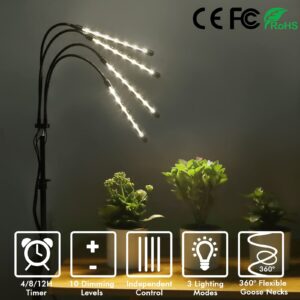 Felibeaco Plant Grow Light with Adjustable Tripod Stand (14"-63"), 4 Head Floor LED Grow Lamp for Indoor Plants with Dual Controllers,100W Full Spectrum Plant Lights with Timer, 10 Brightness