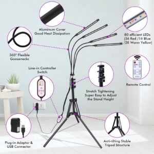 Felibeaco Plant Grow Light with Adjustable Tripod Stand (14"-63"), 4 Head Floor LED Grow Lamp for Indoor Plants with Dual Controllers,100W Full Spectrum Plant Lights with Timer, 10 Brightness