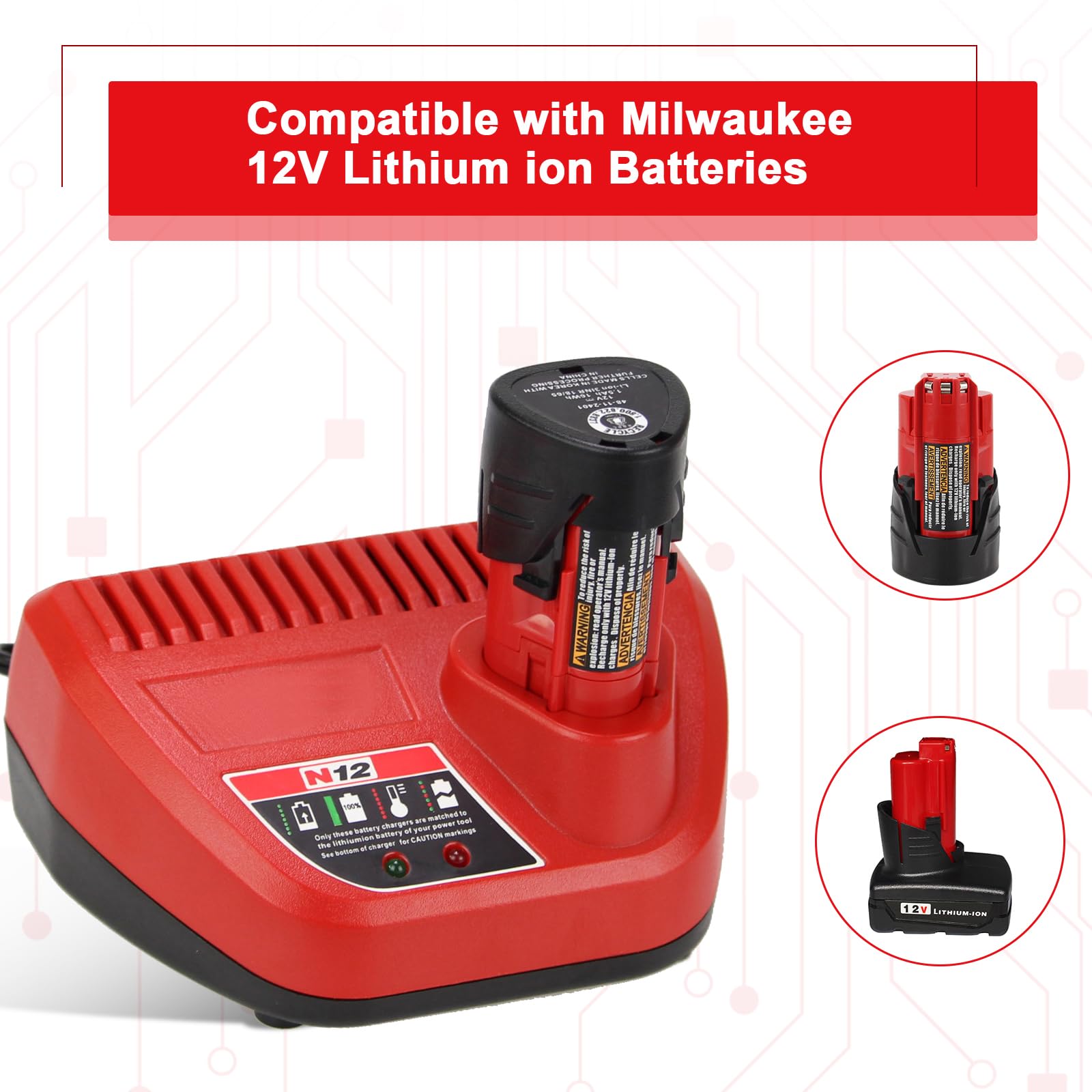 3A 12 Volt Lithium ion Charger for Milwaukee 12V 48-11-2401 48-11-2402 48-11-2420 48-11-2440 48-11-2460 Battery Replacement for Milwaukee 48-59-2401 48-59-2420 Charger