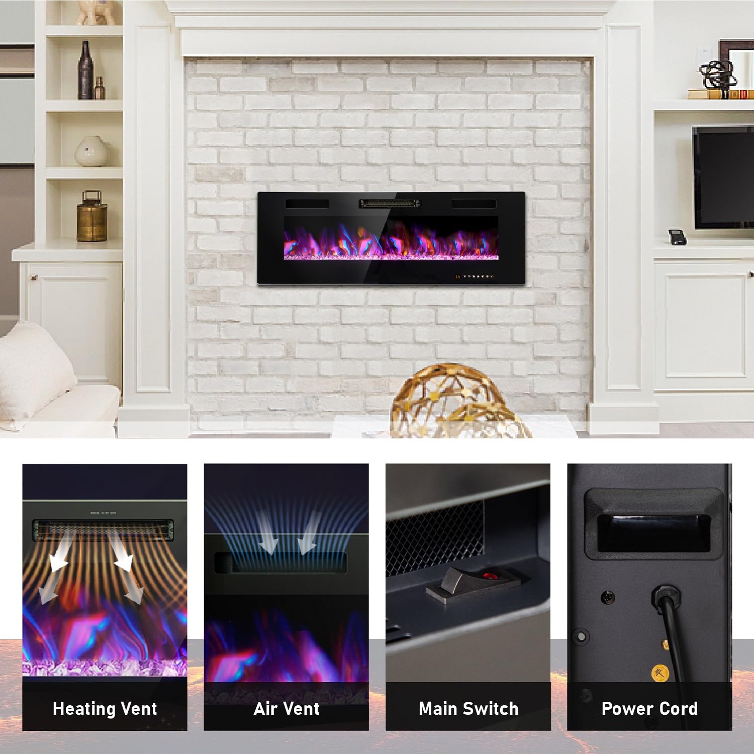 MFSTUDIO Electric Fireplace, 40 inch Fireplace Heater Recessed and Wall Mounted Low Noise with Touch Screen Remote Control and Timer, 1500W