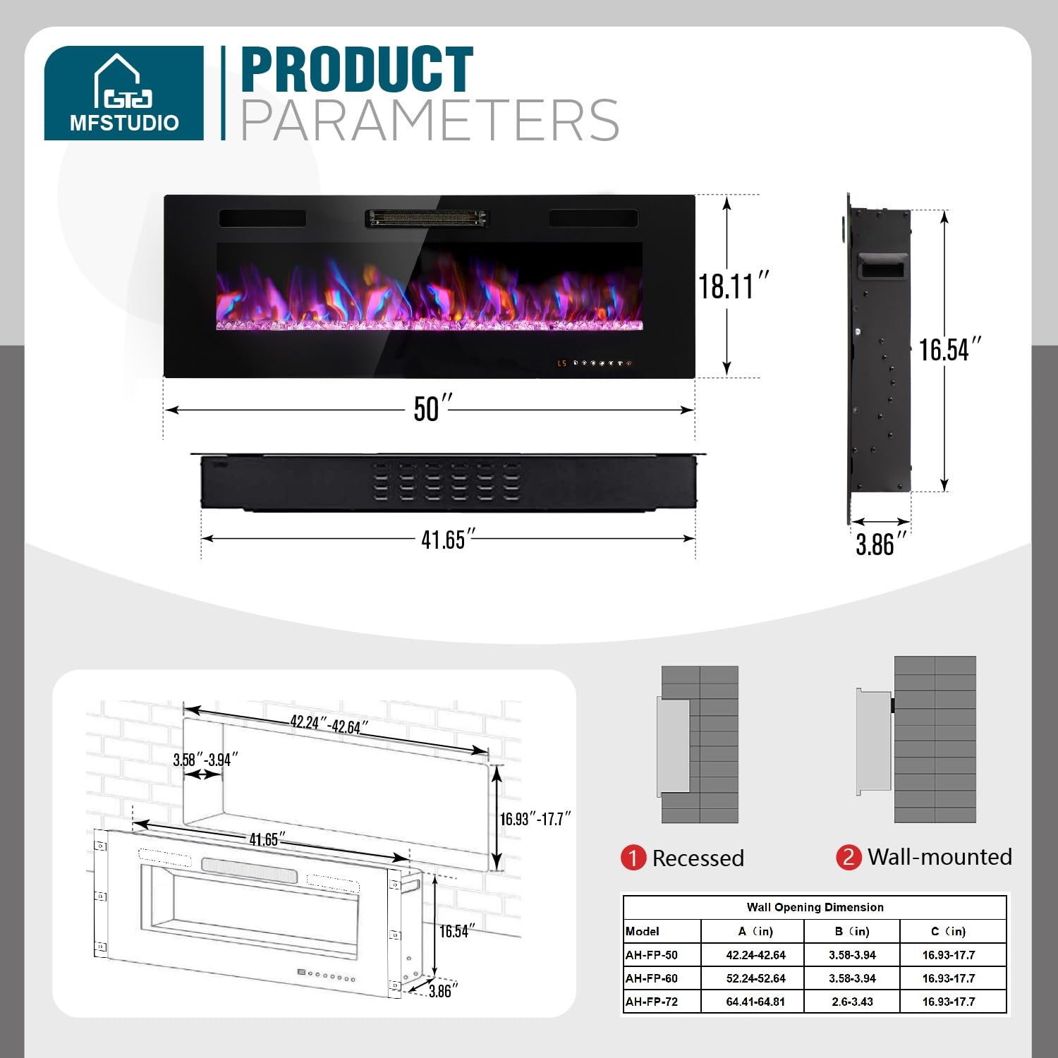 MFSTUDIO Electric Fireplace, 40 inch Fireplace Heater Recessed and Wall Mounted Low Noise with Touch Screen Remote Control and Timer, 1500W