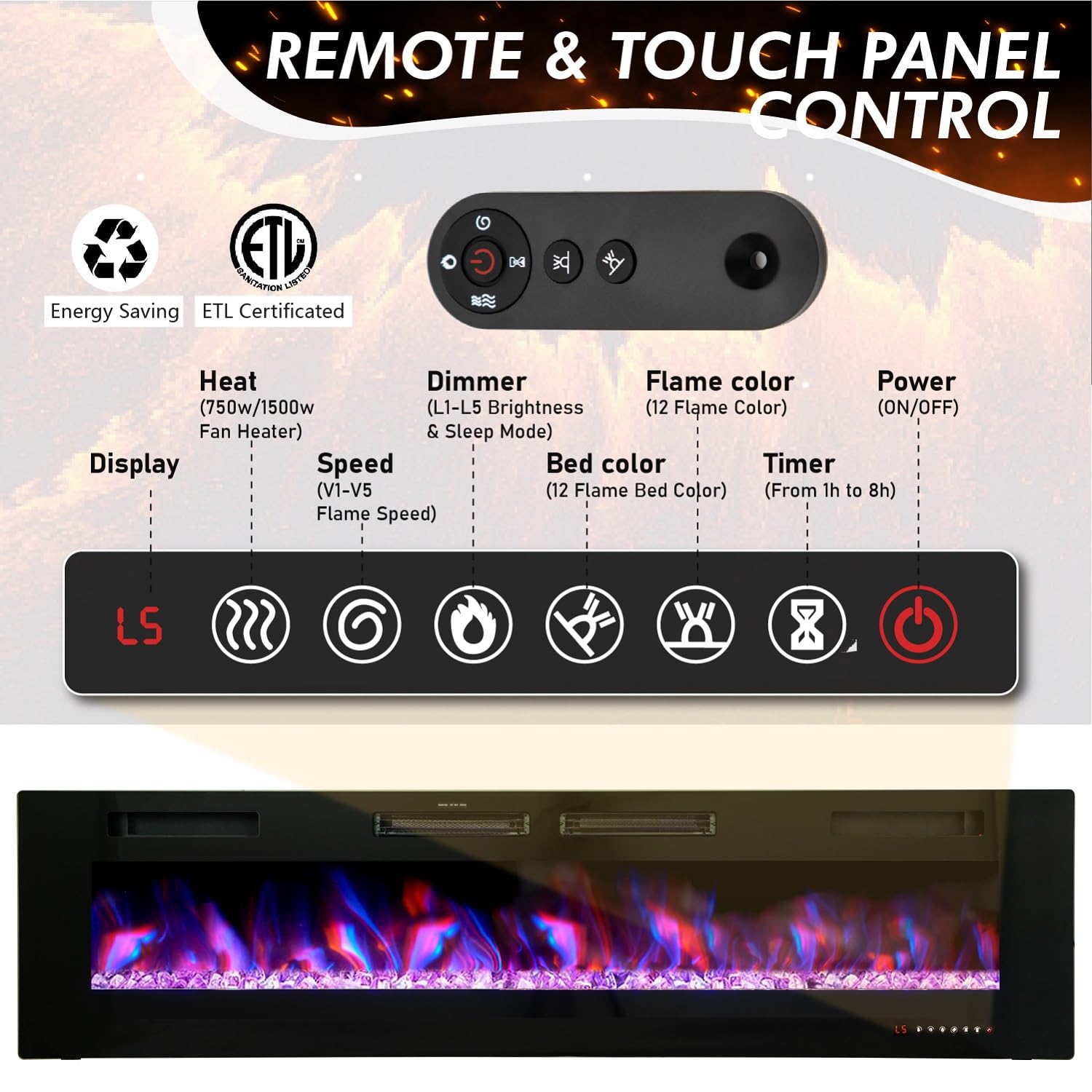 MFSTUDIO Electric Fireplace, 40 inch Fireplace Heater Recessed and Wall Mounted Low Noise with Touch Screen Remote Control and Timer, 1500W