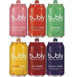 bubly sparkling water, 6 flavor variety pack (blackberry, lime, cherry, grapefruit, strawberry, mango), zero sugar & zero calories, seltzer water, 12 fl oz cans (pack of 18)