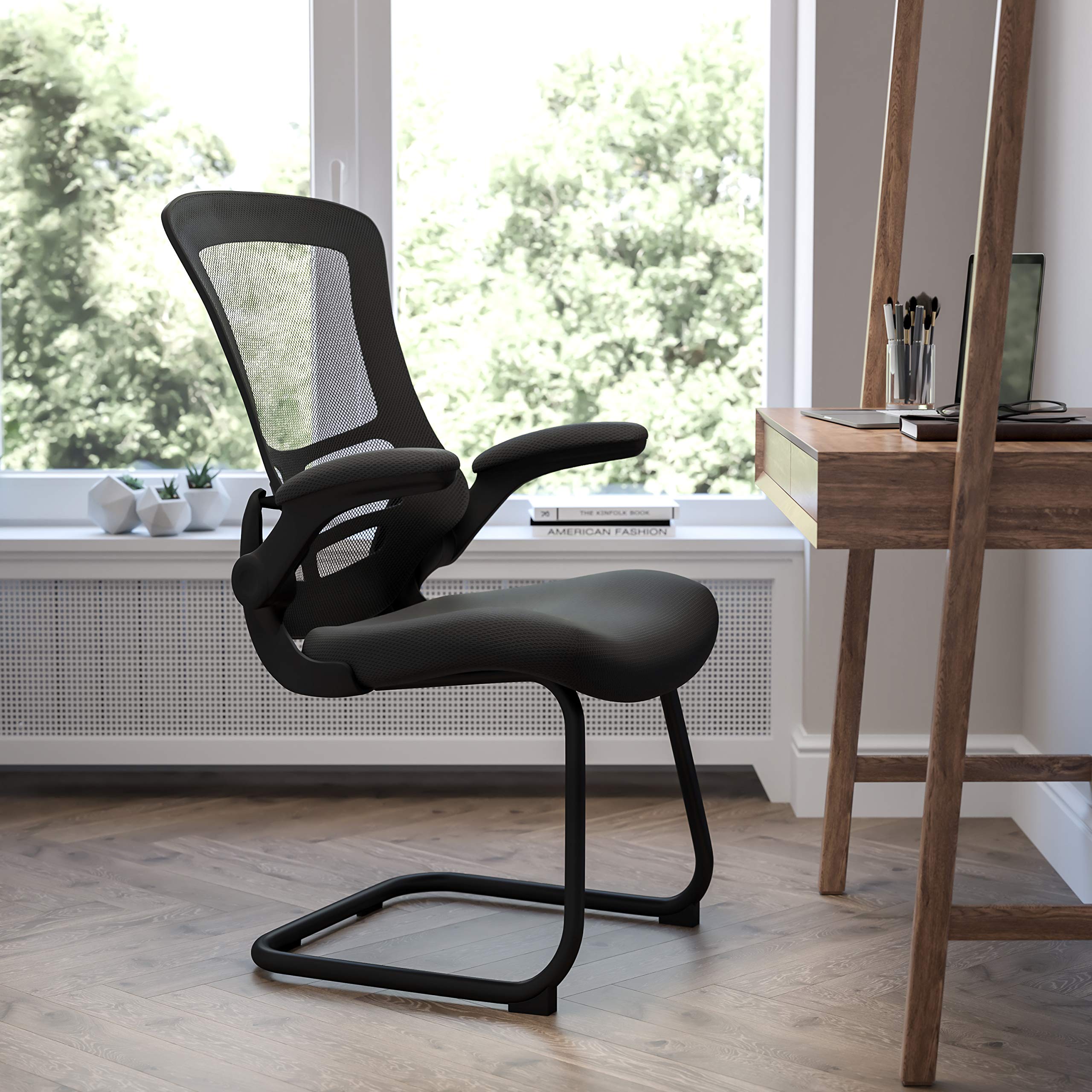 EMMA + OLIVER Black Mesh Sled Base Side Reception Chair with Flip-Up Arms-Office Waiting Room