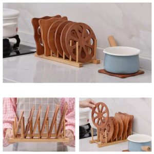 Teensery Bamboo Wood Dish Rack Detachable Plate Pot Cup Lid Drying Storage Holder Stand for Home Kitchen Cabinet (6 Slots)
