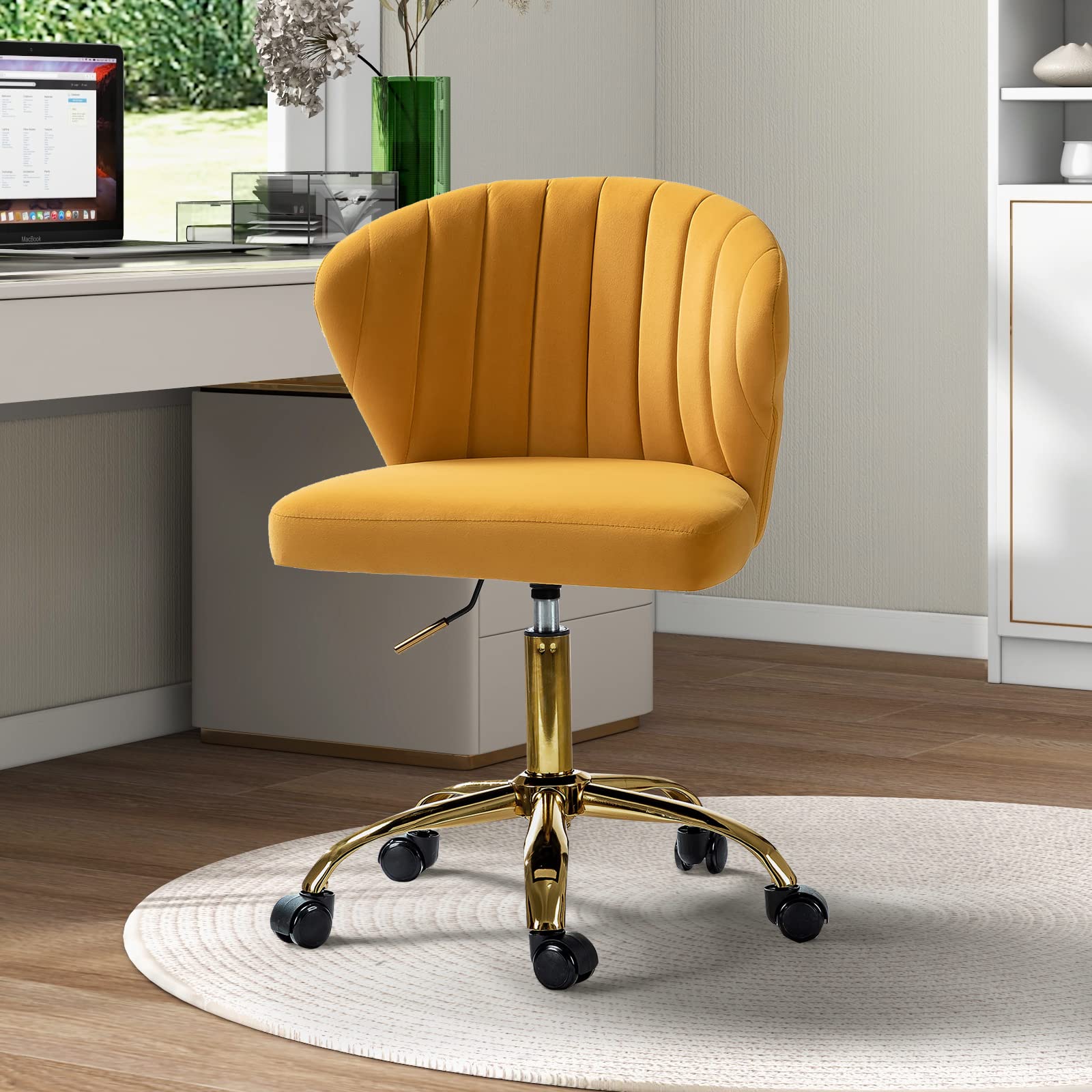 TINA'S HOME Office Desk Chairs with Wheels & Gold Base, Modern Velvet Cute Armless Office Chair, Adjustable Low Back Swivel Rolling Chair, Upholstered Task Chair for Living Room Vanity Study-Mustard