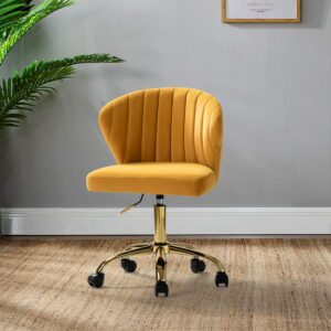 TINA'S HOME Office Desk Chairs with Wheels & Gold Base, Modern Velvet Cute Armless Office Chair, Adjustable Low Back Swivel Rolling Chair, Upholstered Task Chair for Living Room Vanity Study-Mustard