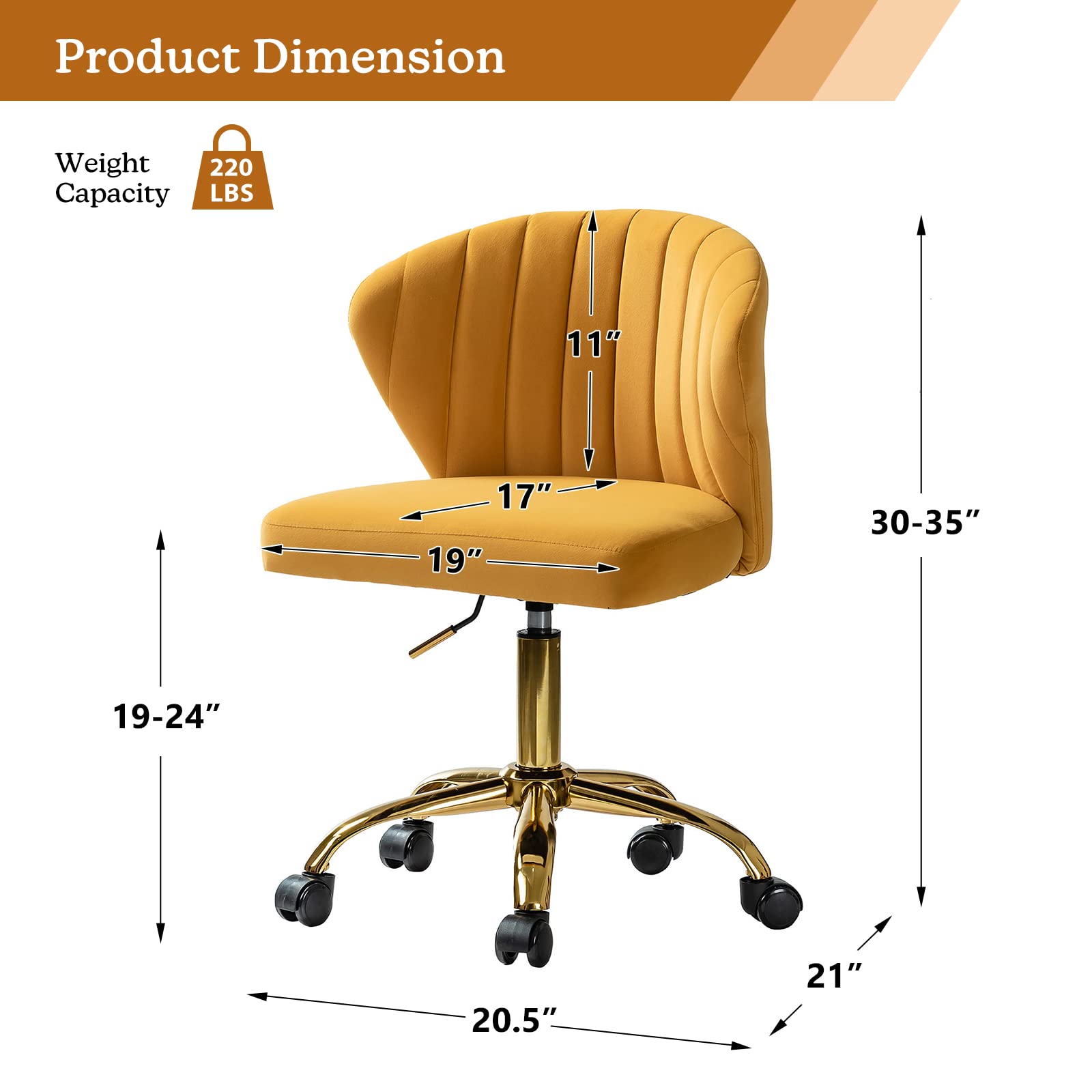 TINA'S HOME Office Desk Chairs with Wheels & Gold Base, Modern Velvet Cute Armless Office Chair, Adjustable Low Back Swivel Rolling Chair, Upholstered Task Chair for Living Room Vanity Study-Mustard